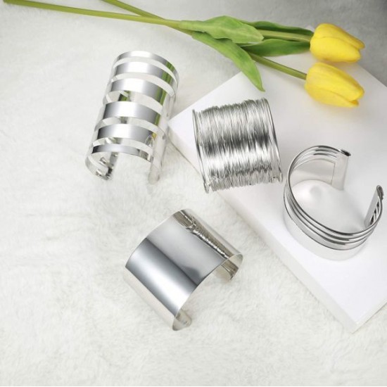 4pcs Wide Cuff Bangle Bracelet Set For Women Armband Polished Open Wristband Arm Bangle Jewellery Adjustable 4pcs Wide Cuff Bangle Bracelet Set For Women Armband Polished Open Wristband Arm Bangle Jewellery Adjustable